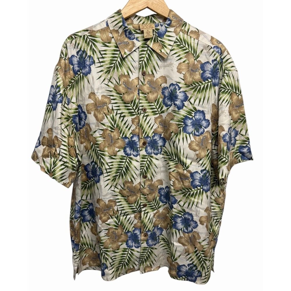 Jos A Bank Silk Hawaiian Shirt Mens XL Floral Tropical Aloha Hula Girl Camp‎